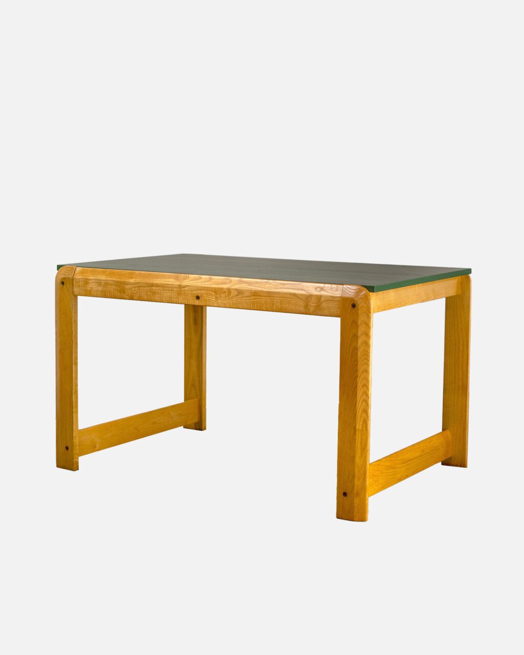 Mesa extensible sueca de los años 60 en roble y lacado verde bosque, diseño escandinavo mid-century.